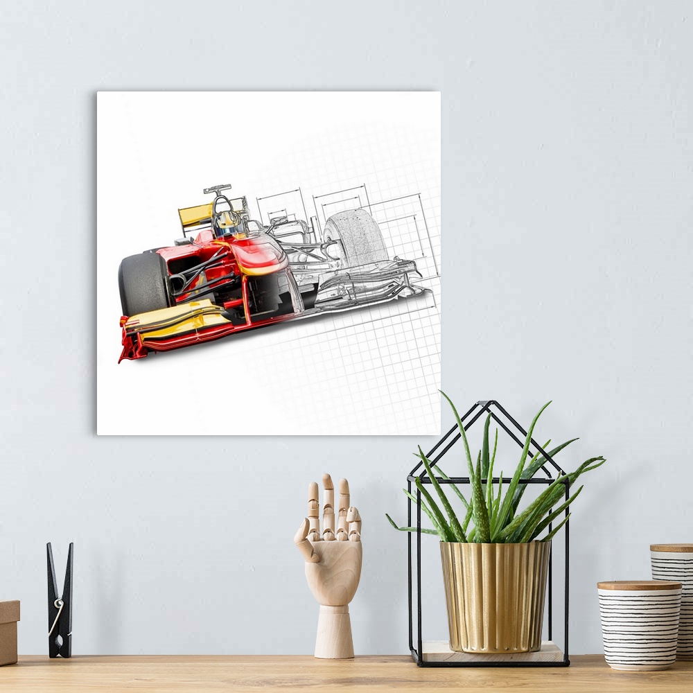 A bohemian room featuring Unfinished drawing of red race car with driver