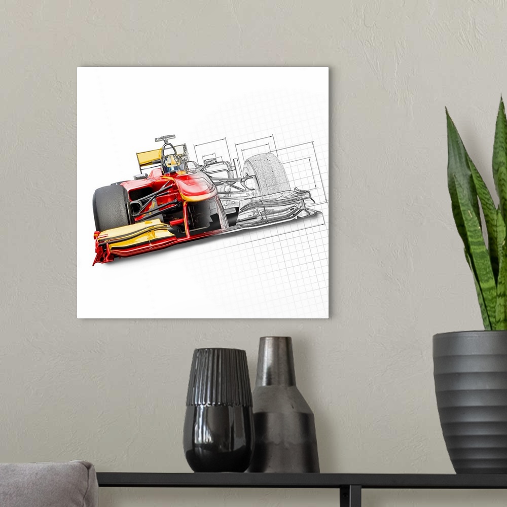 A modern room featuring Unfinished drawing of red race car with driver