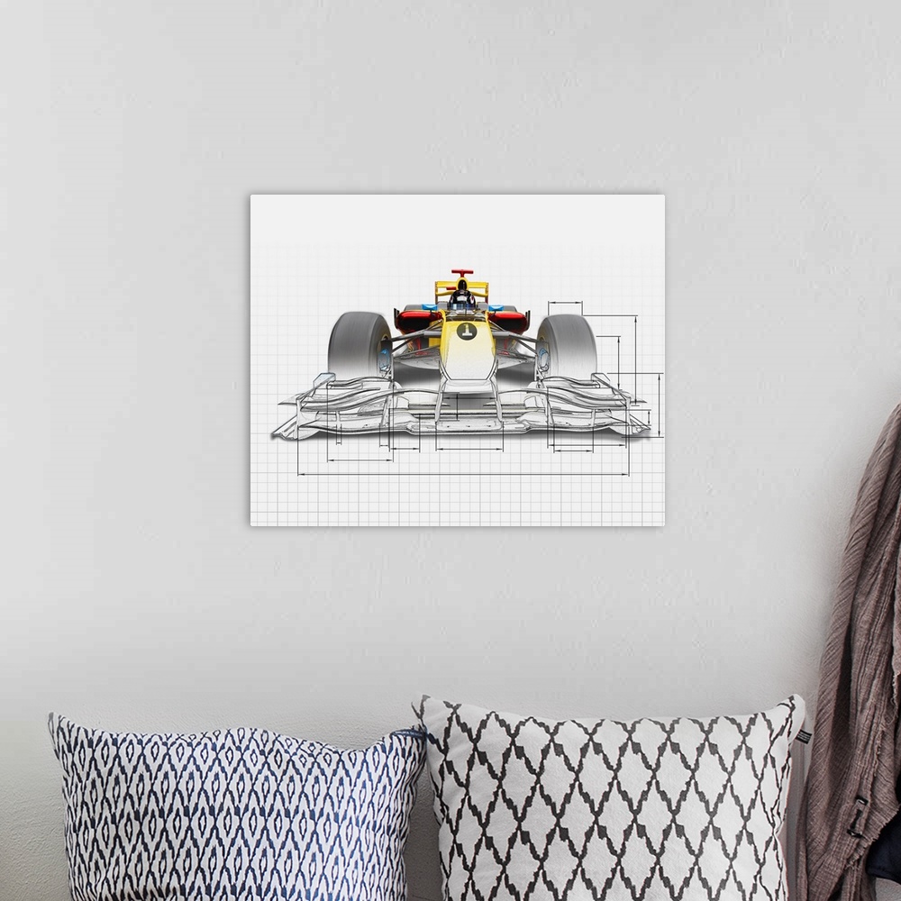 A bohemian room featuring Unfinished drawing of yellow race car with driver