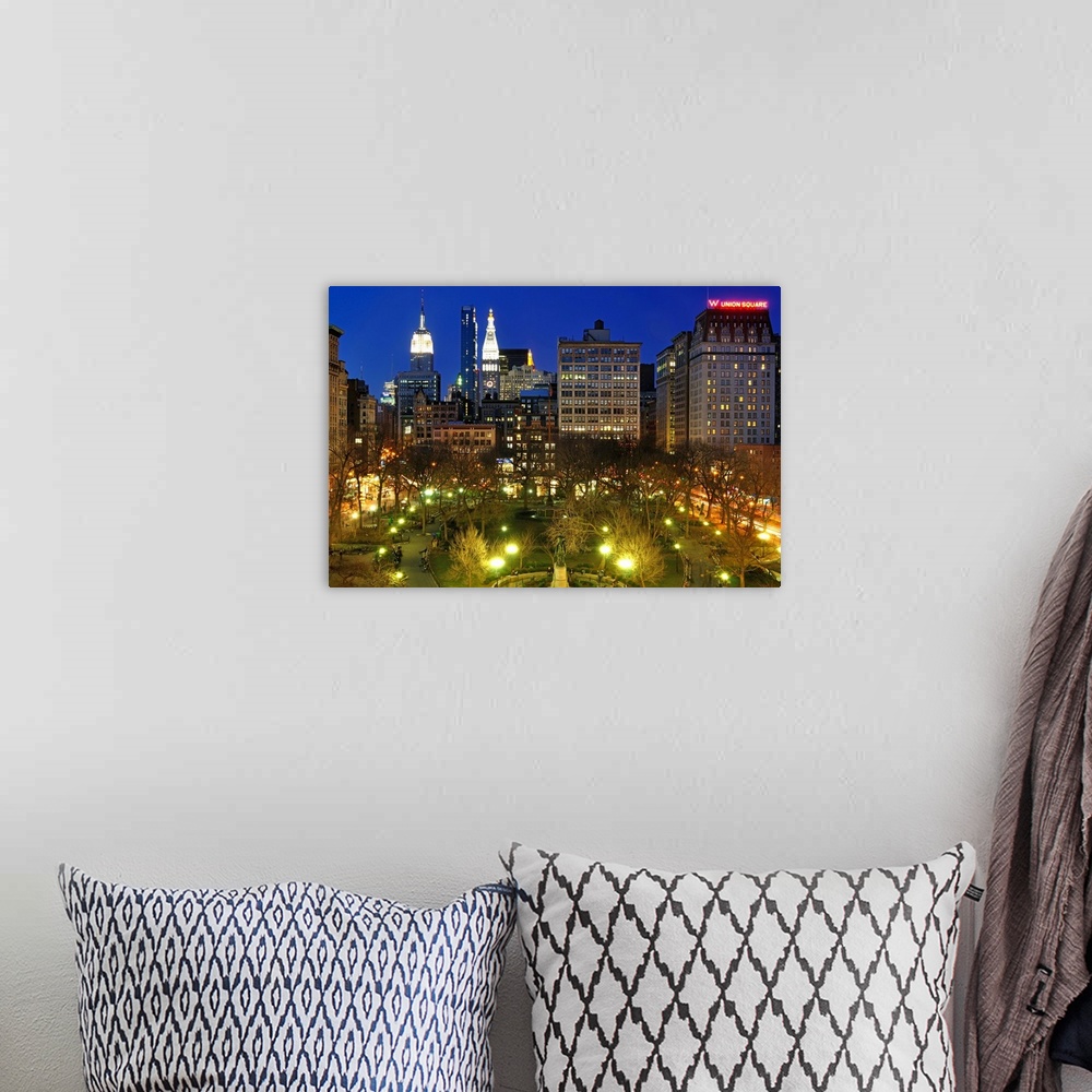 A bohemian room featuring Aerial view of Union Square in Manhattan, New York City at night.