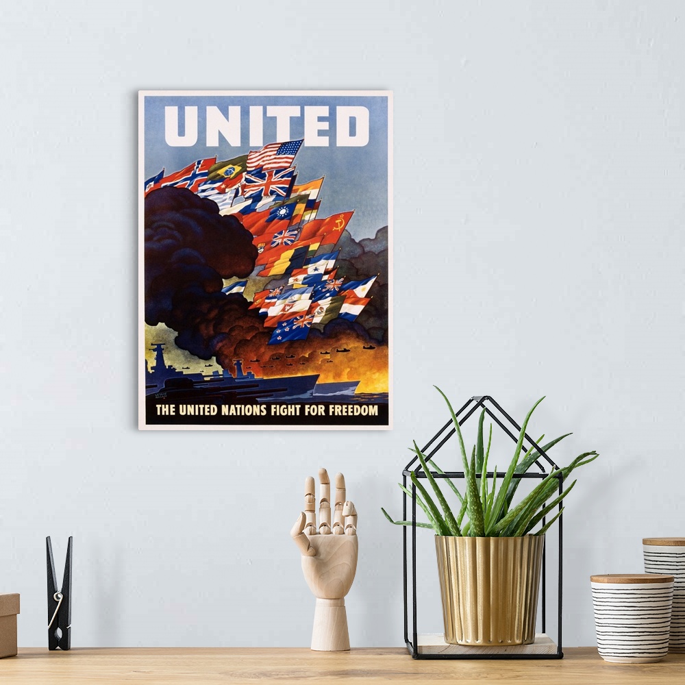 A bohemian room featuring United - The United Nations Fight For Freedom Poster By Leslie Ragon