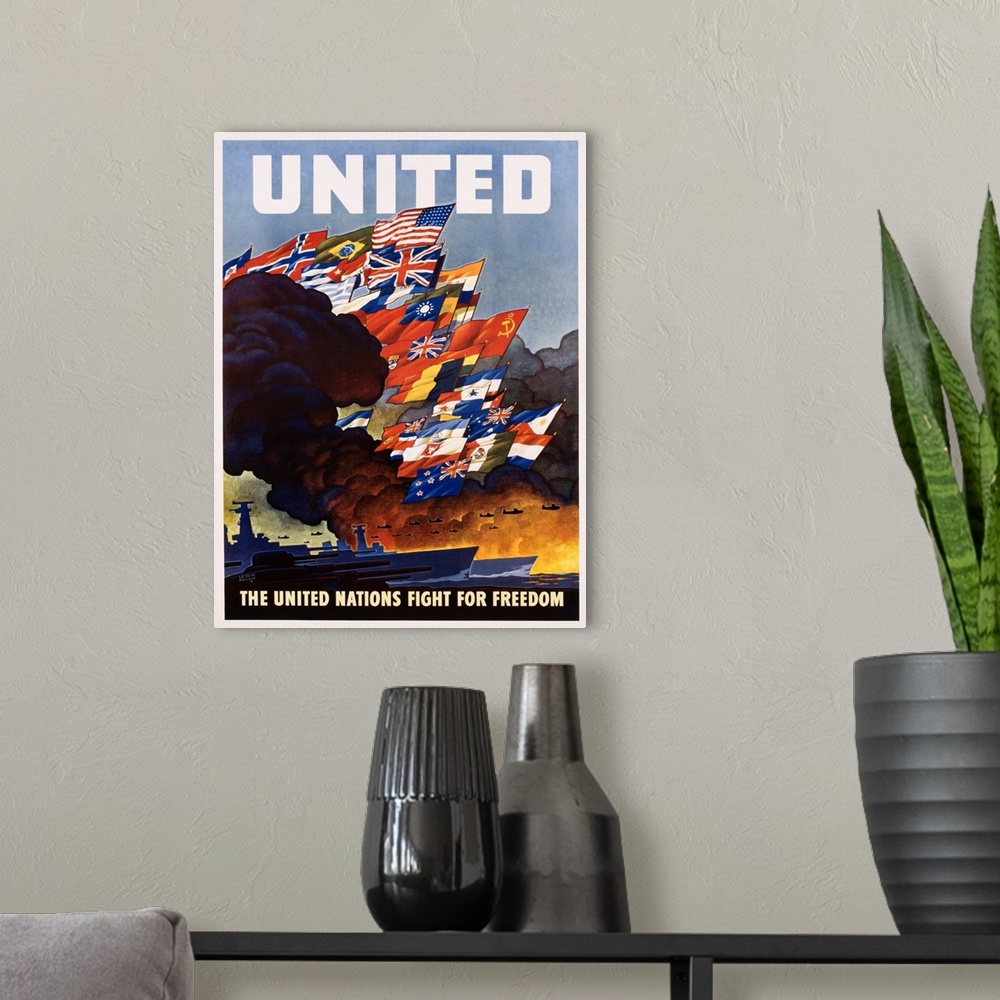 A modern room featuring United - The United Nations Fight For Freedom Poster By Leslie Ragon