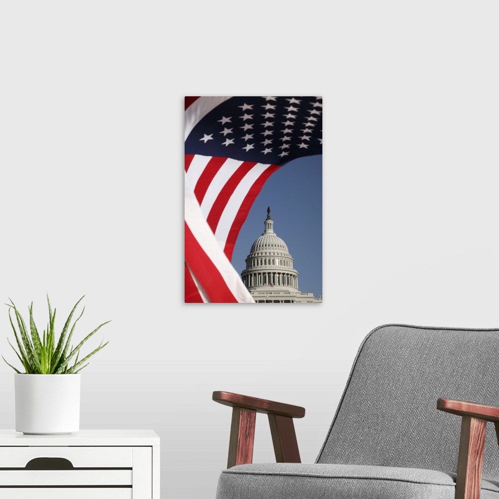A modern room featuring US Capitol with American flag