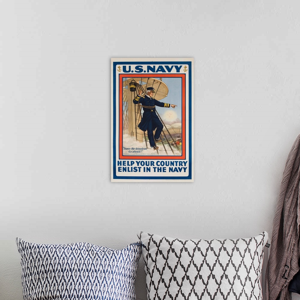 A bohemian room featuring World War I poster. Help Your Country , Enlist in the Navy, Image of Admiral Farragut with the qu...