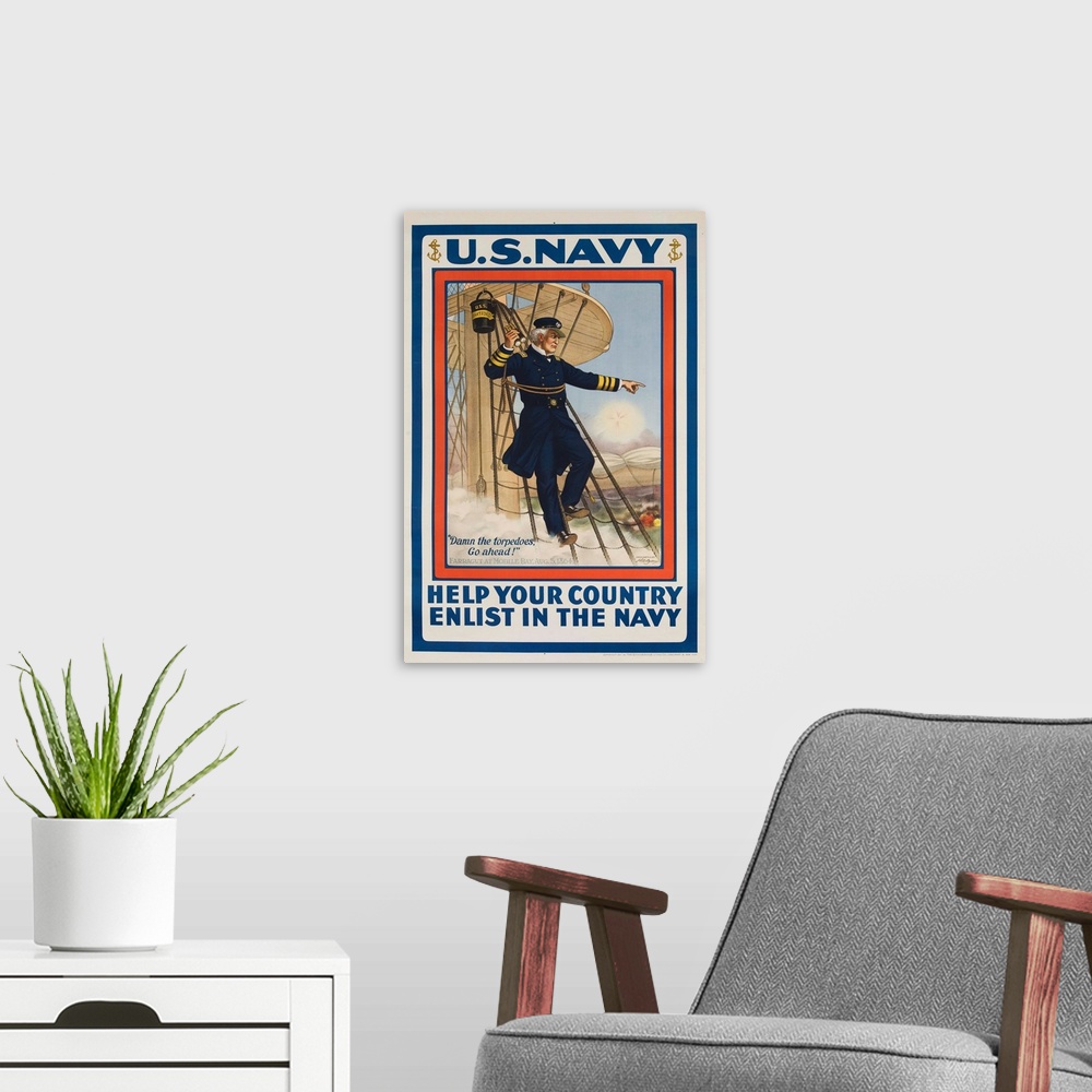 A modern room featuring World War I poster. Help Your Country , Enlist in the Navy, Image of Admiral Farragut with the qu...