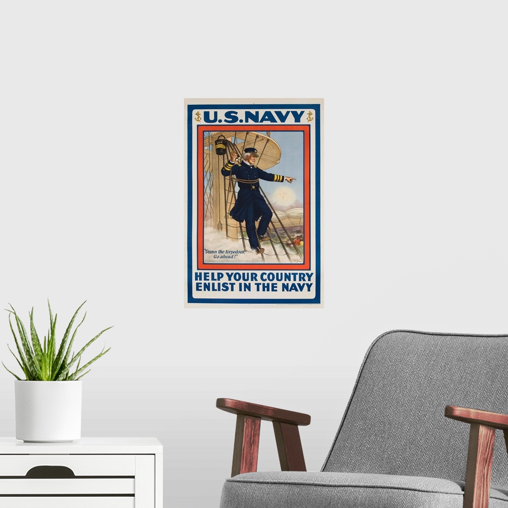 A modern room featuring World War I poster. Help Your Country , Enlist in the Navy, Image of Admiral Farragut with the qu...