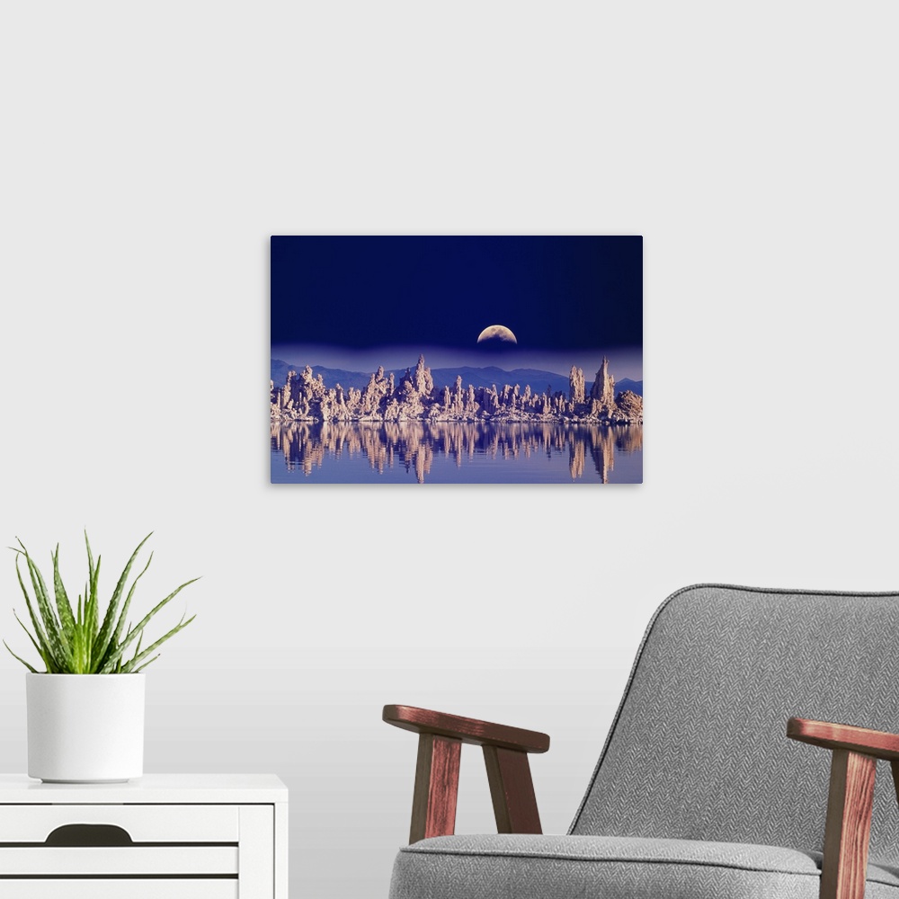 A modern room featuring USA, CA, Mono Lake, tufas and moon (Digital Composite)