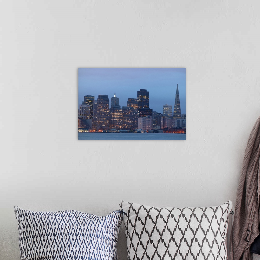 A bohemian room featuring USA, California, San Francisco city skyline, dusk