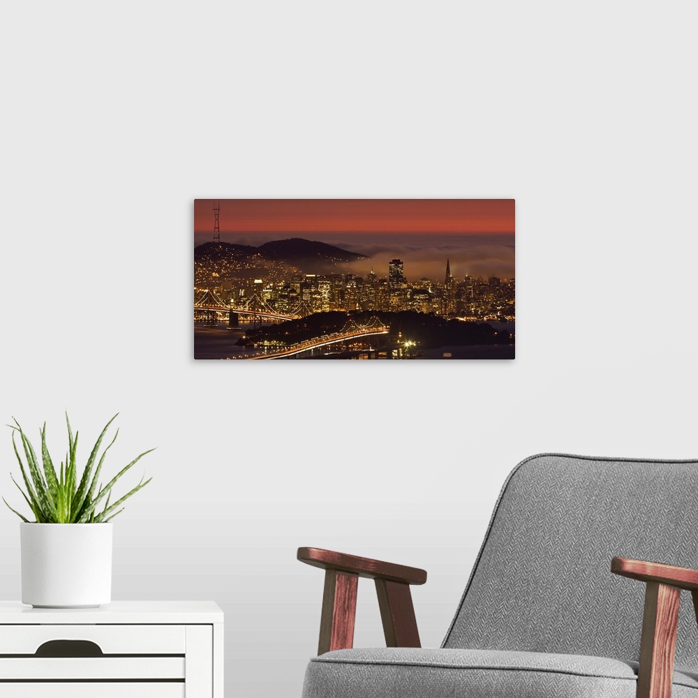 A modern room featuring USA, California, San Francisco, cityscape with summer fog, dusk