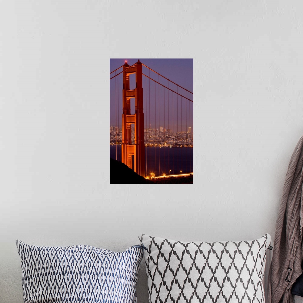 A bohemian room featuring USA, California, San Francisco, Golden Gate Bridge, north tower with cityscape, night