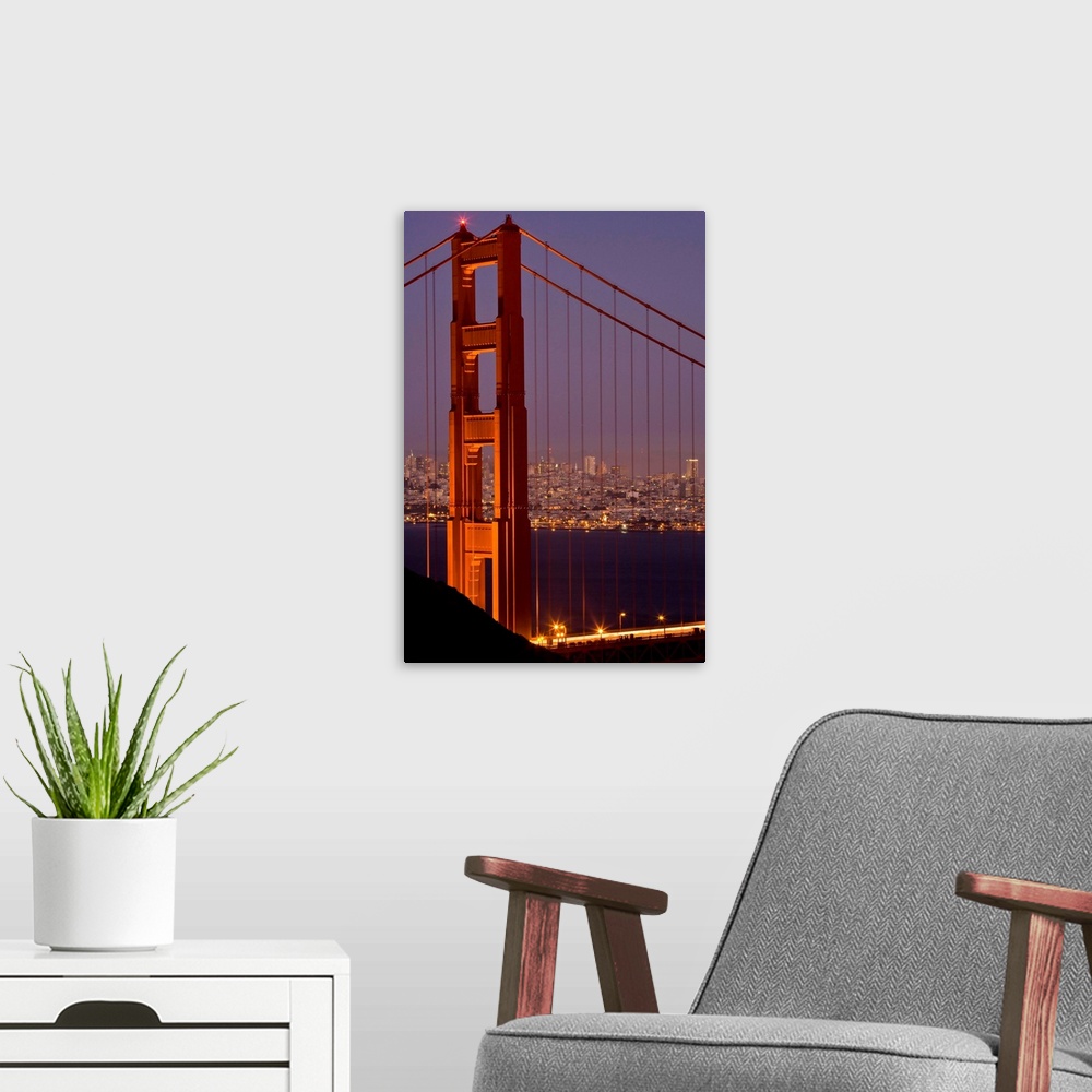 A modern room featuring USA, California, San Francisco, Golden Gate Bridge, north tower with cityscape, night