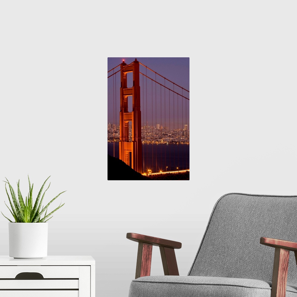 A modern room featuring USA, California, San Francisco, Golden Gate Bridge, north tower with cityscape, night