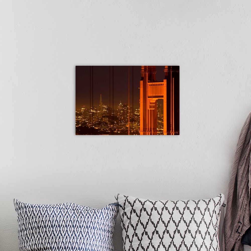 A bohemian room featuring Part of the Golden Gate Bridge and the San Francisco skyline are photographed during the evening ...