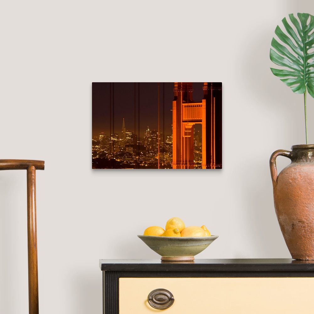 A traditional room featuring Part of the Golden Gate Bridge and the San Francisco skyline are photographed during the evening ...
