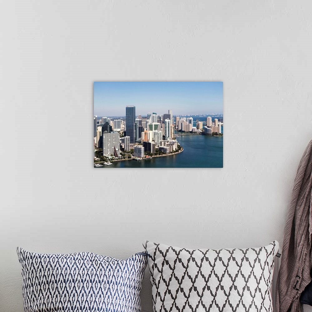 A bohemian room featuring USA, Florida, Miami skyline as seen from air