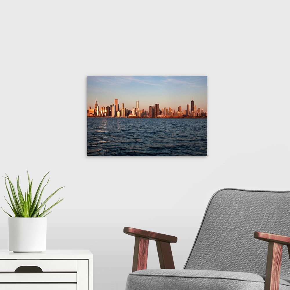A modern room featuring USA, Illinois, Chicago, City skyline over Lake Michigan