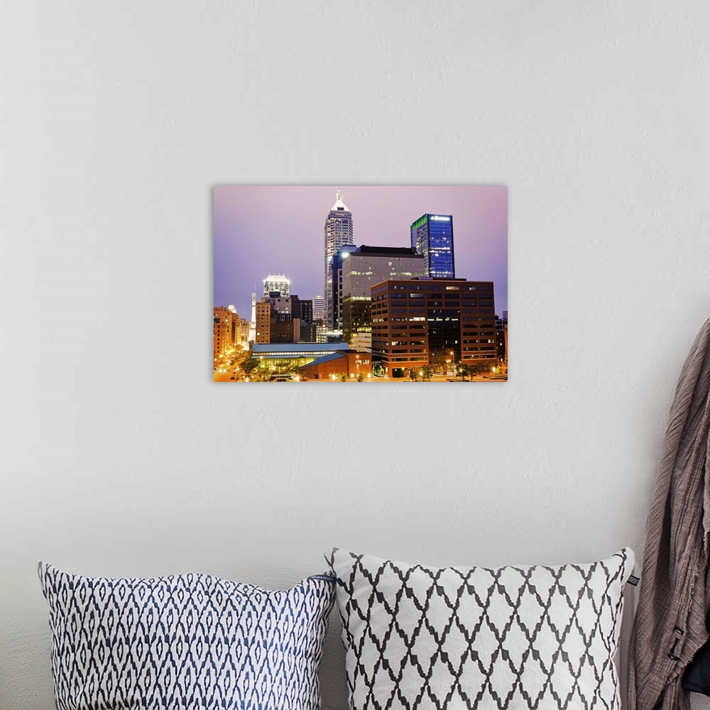 A bohemian room featuring USA, Indiana, Indianapolis, Downtown at sunset
