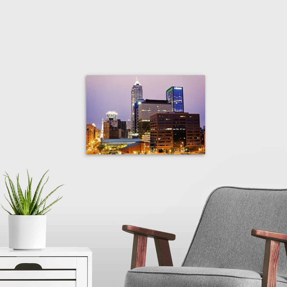 A modern room featuring USA, Indiana, Indianapolis, Downtown at sunset