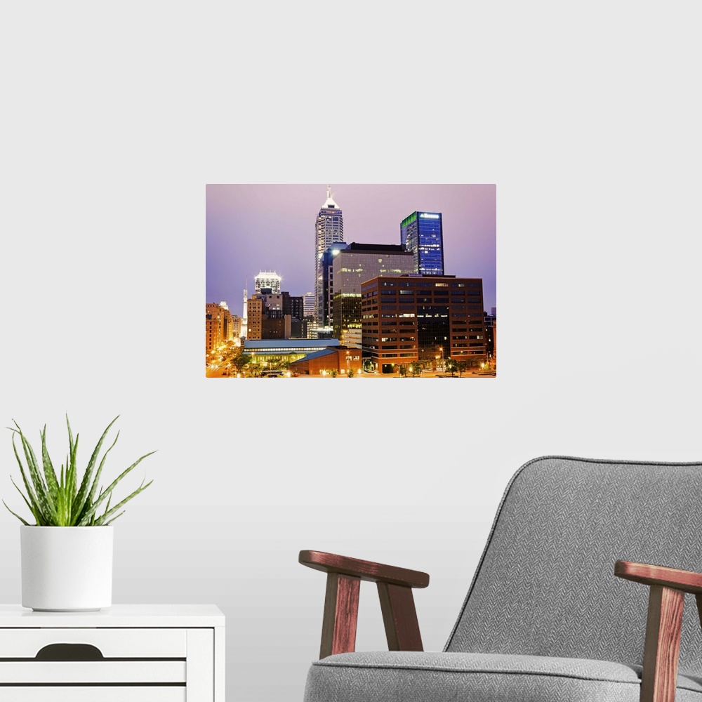 A modern room featuring USA, Indiana, Indianapolis, Downtown at sunset