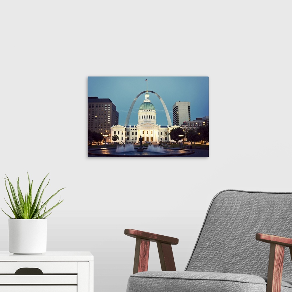 A modern room featuring USA, Missouri, St. Louis, Fountain and courthouse at dusk