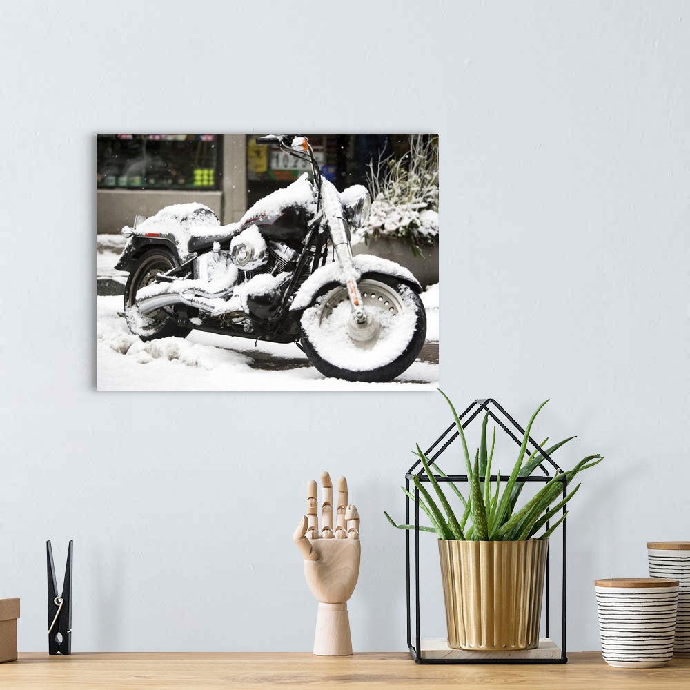A bohemian room featuring USA, New York City, motorbike covered with snow