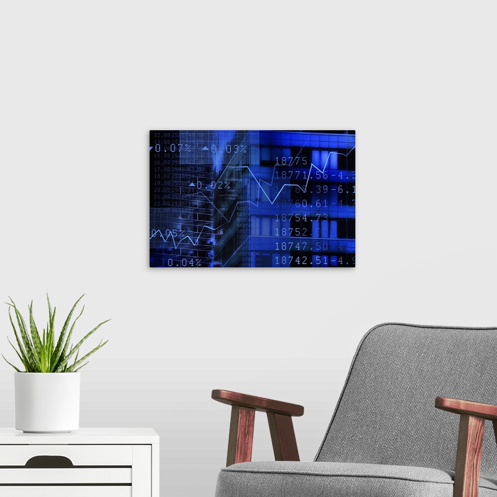 A modern room featuring USA, New York, New York City, stock quotes reflecting on window