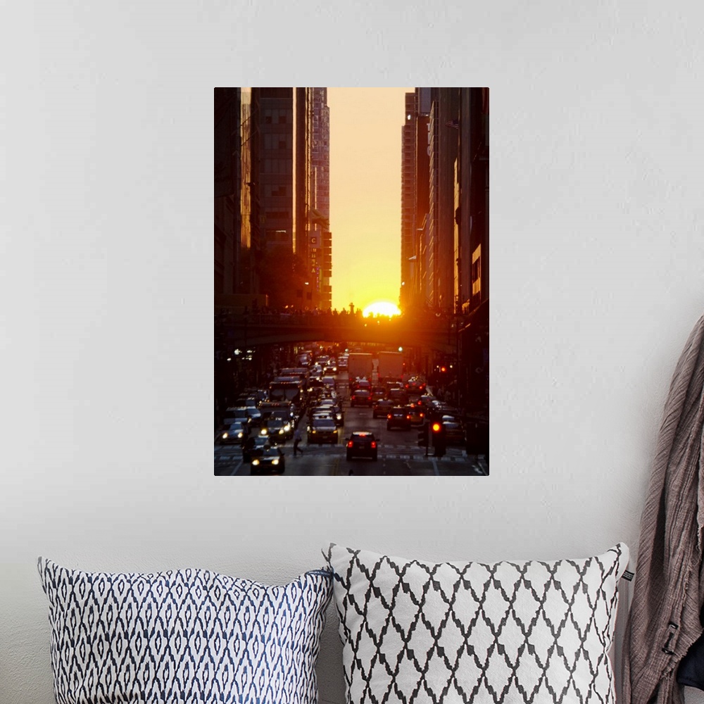 A bohemian room featuring USA, New York, New York City, Sunset illuminating busy street
