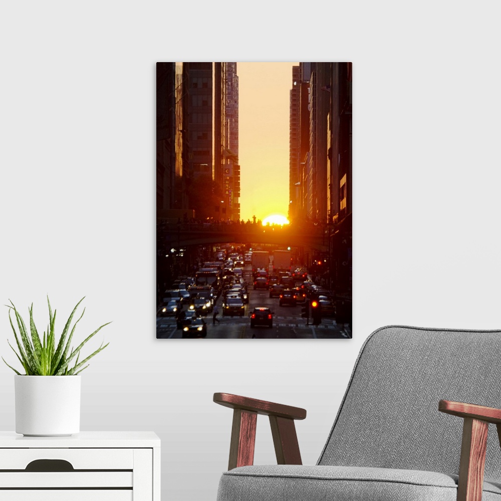 A modern room featuring USA, New York, New York City, Sunset illuminating busy street