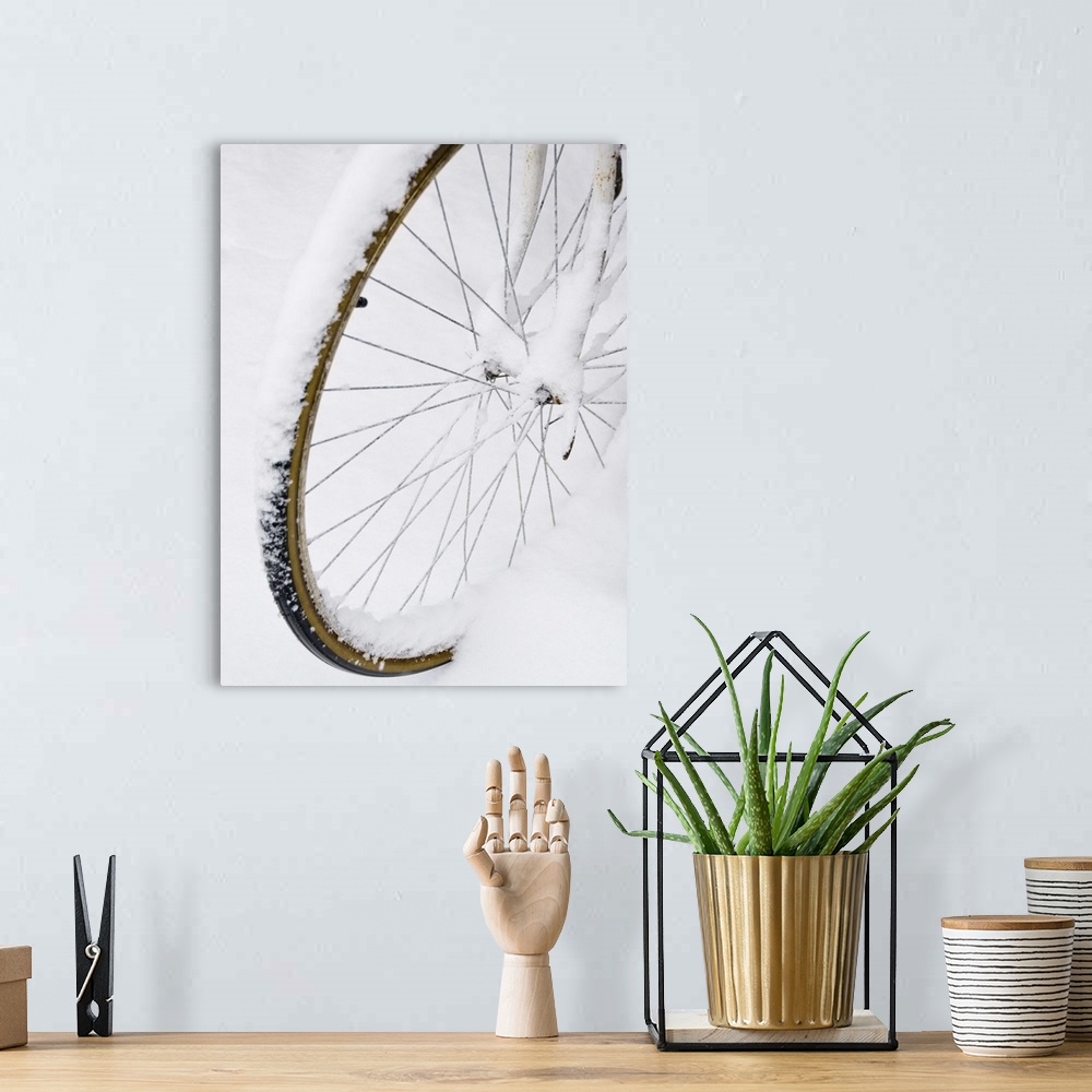 A bohemian room featuring USA, New York State, Brooklyn, Williamsburg, bicycle wheel in snow