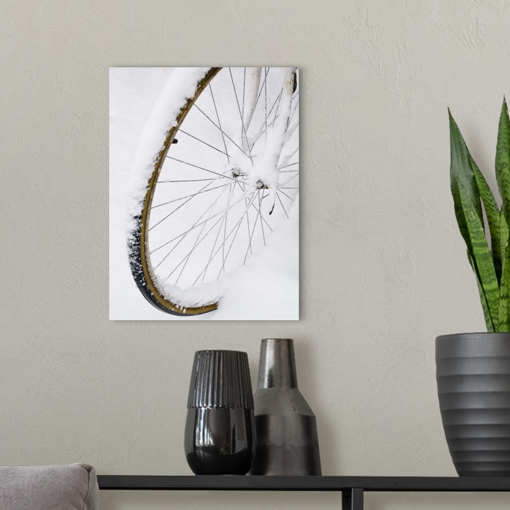 A modern room featuring USA, New York State, Brooklyn, Williamsburg, bicycle wheel in snow