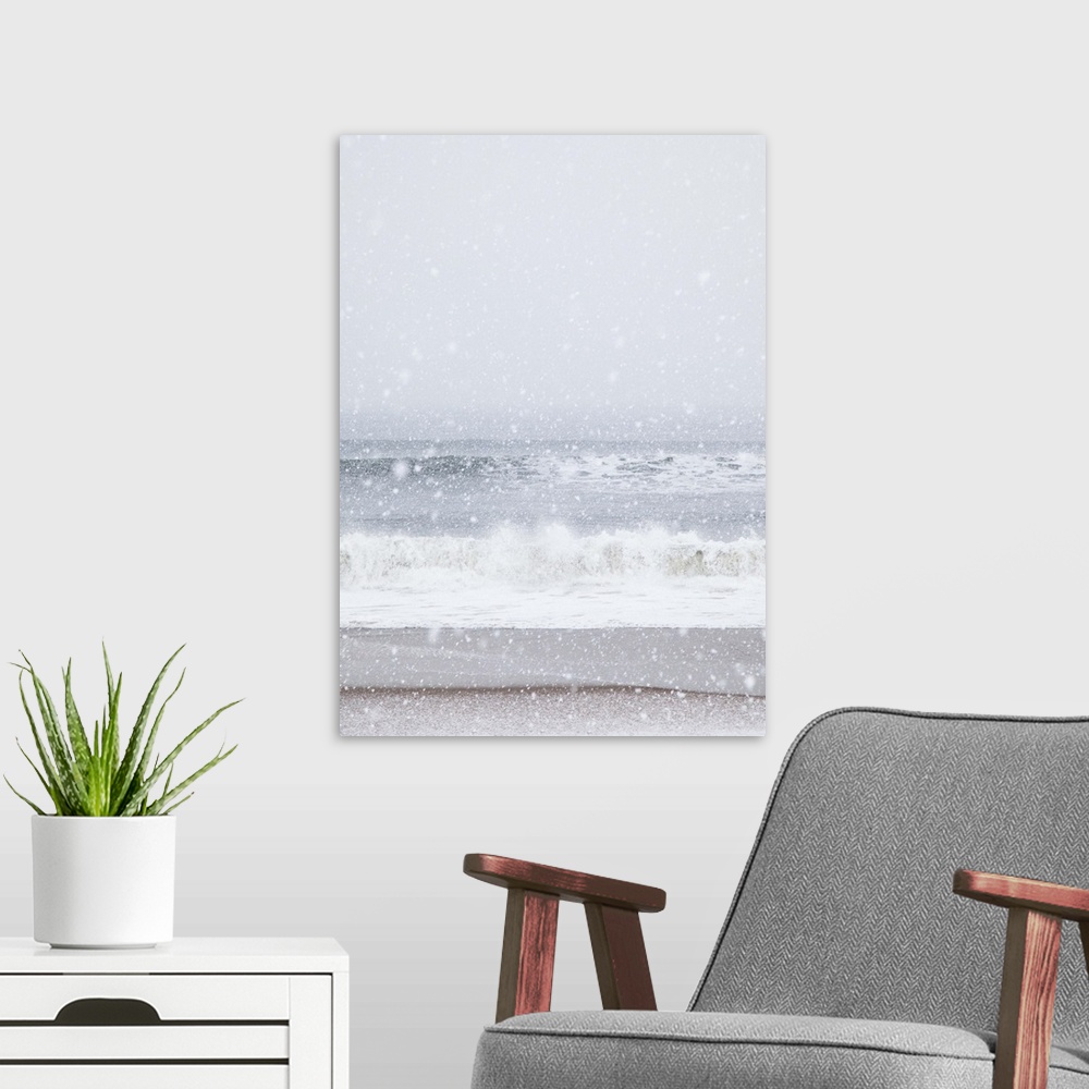 A modern room featuring USA, New York State, Rockaway Beach, snow storm on beach