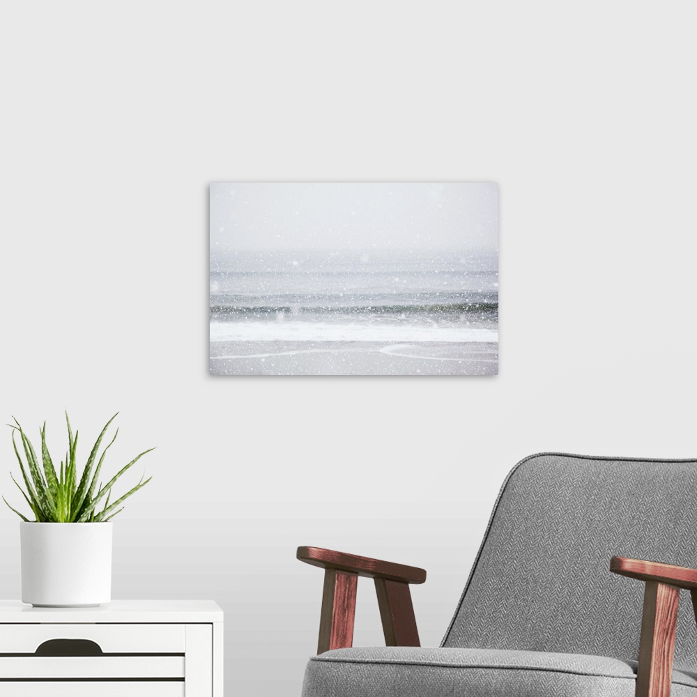 A modern room featuring USA, New York State, Rockaway Beach, snow storm on beach