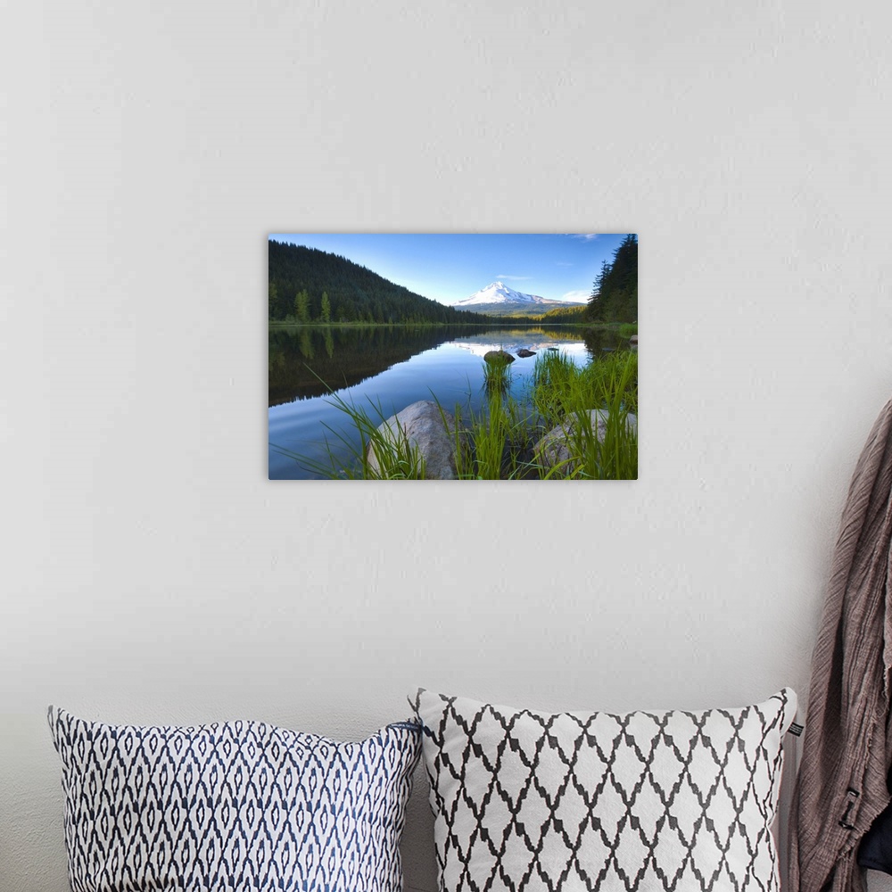 A bohemian room featuring USA, Oregon, Clackamas County, View of Trillium Lake with Mt Hood in background