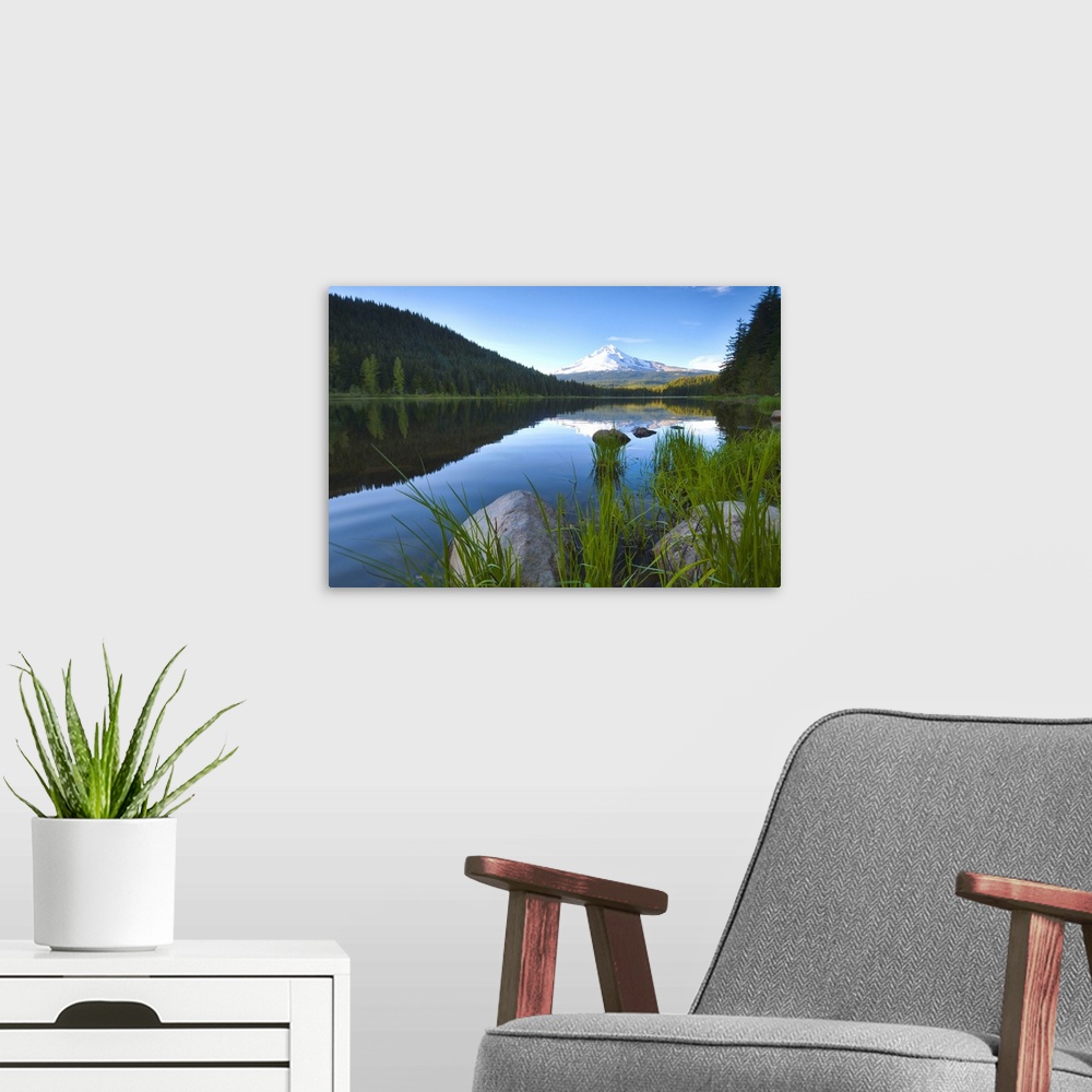 A modern room featuring USA, Oregon, Clackamas County, View of Trillium Lake with Mt Hood in background