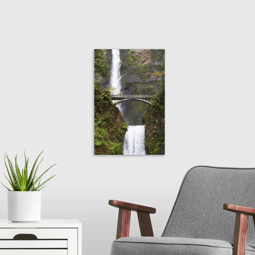 A modern room featuring Multnomah Falls and bridge, outside Portland, Oregon, USA