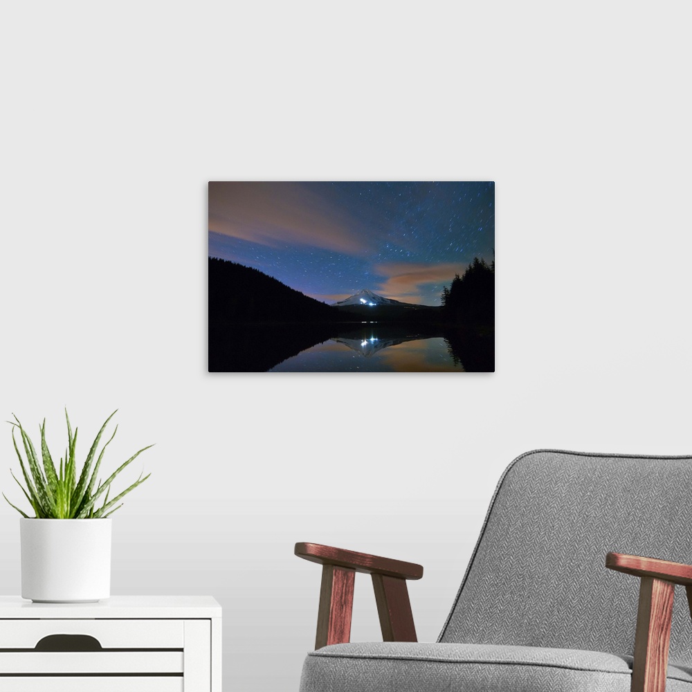 A modern room featuring USA, Oregon, Clackamas County, View of Trillium Lake with Mt Hood in background at night