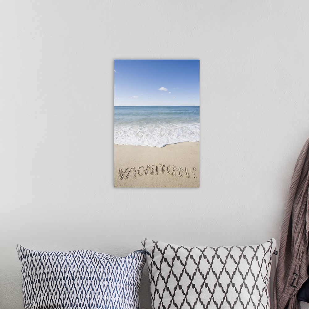 A bohemian room featuring 'Vacation' written on sandy beach, Nantucket Island, Massachusetts