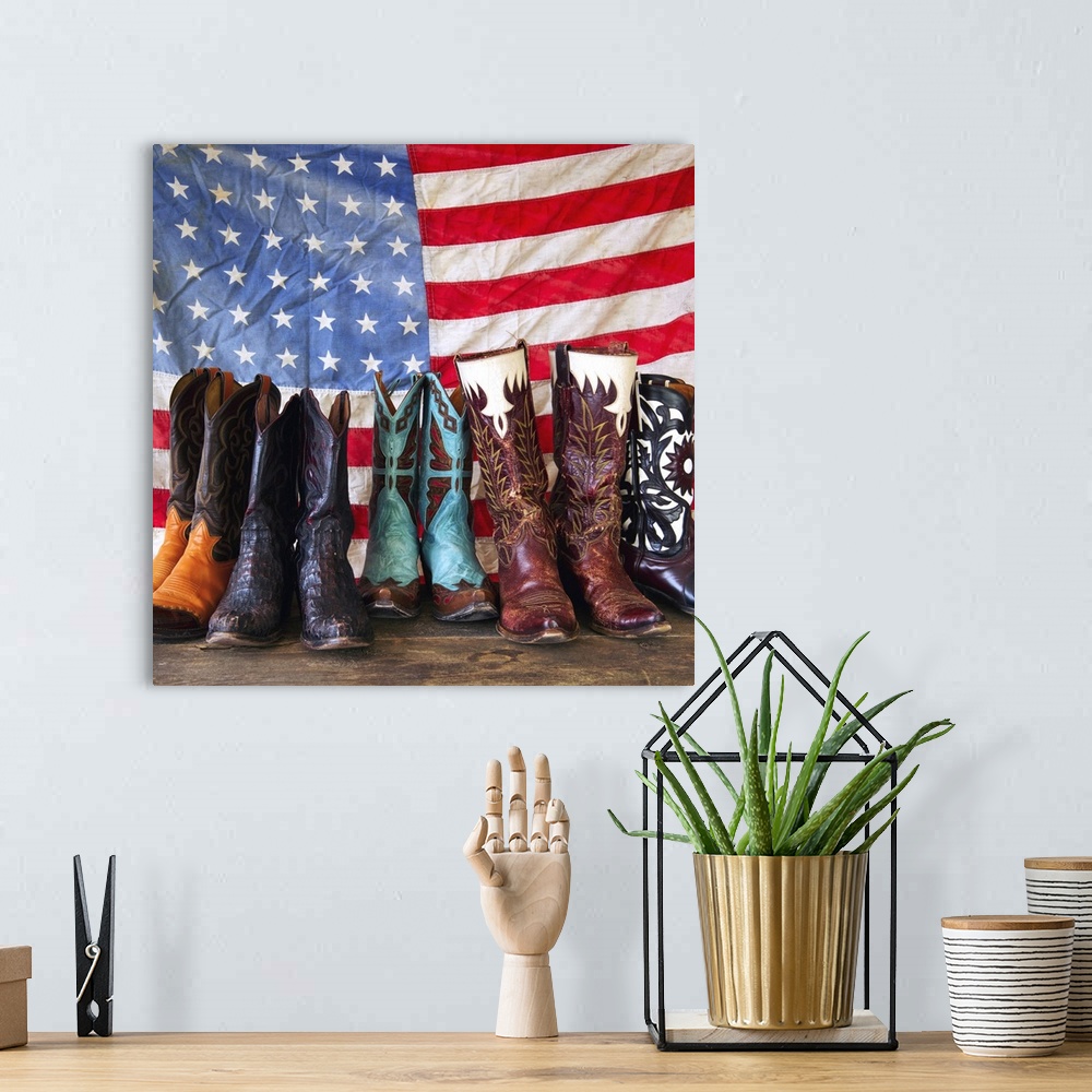 A bohemian room featuring Variation of cowboy shoes