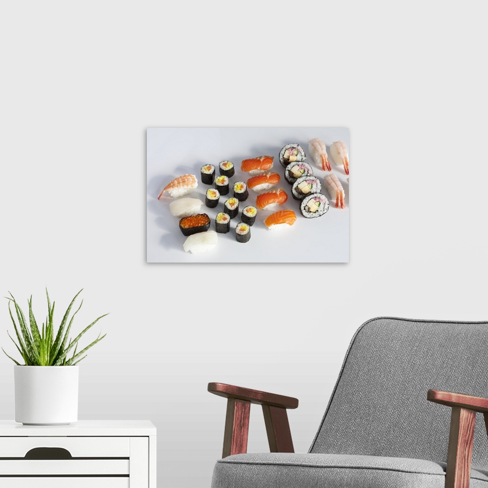 A modern room featuring Various type of sushi on white background