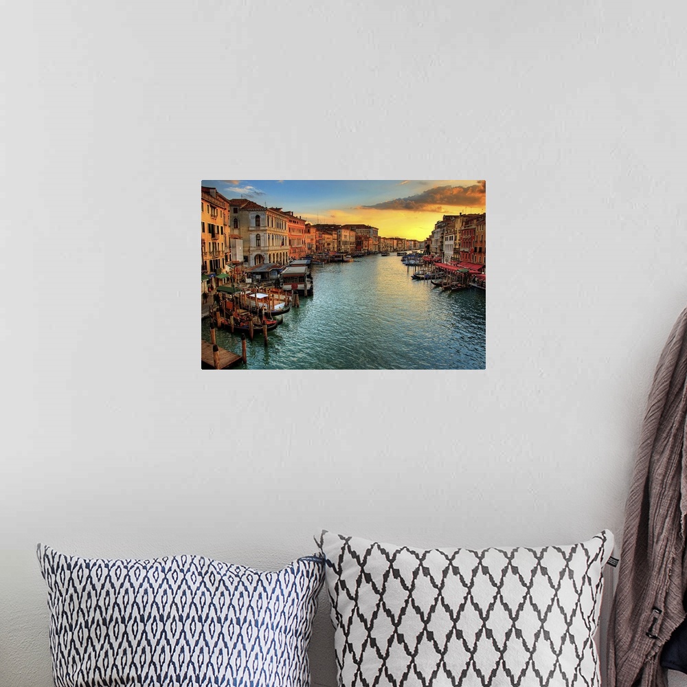 A bohemian room featuring From the Rialto Bridge, looking down the Grand Canal showing the stunning color's of  sunset.