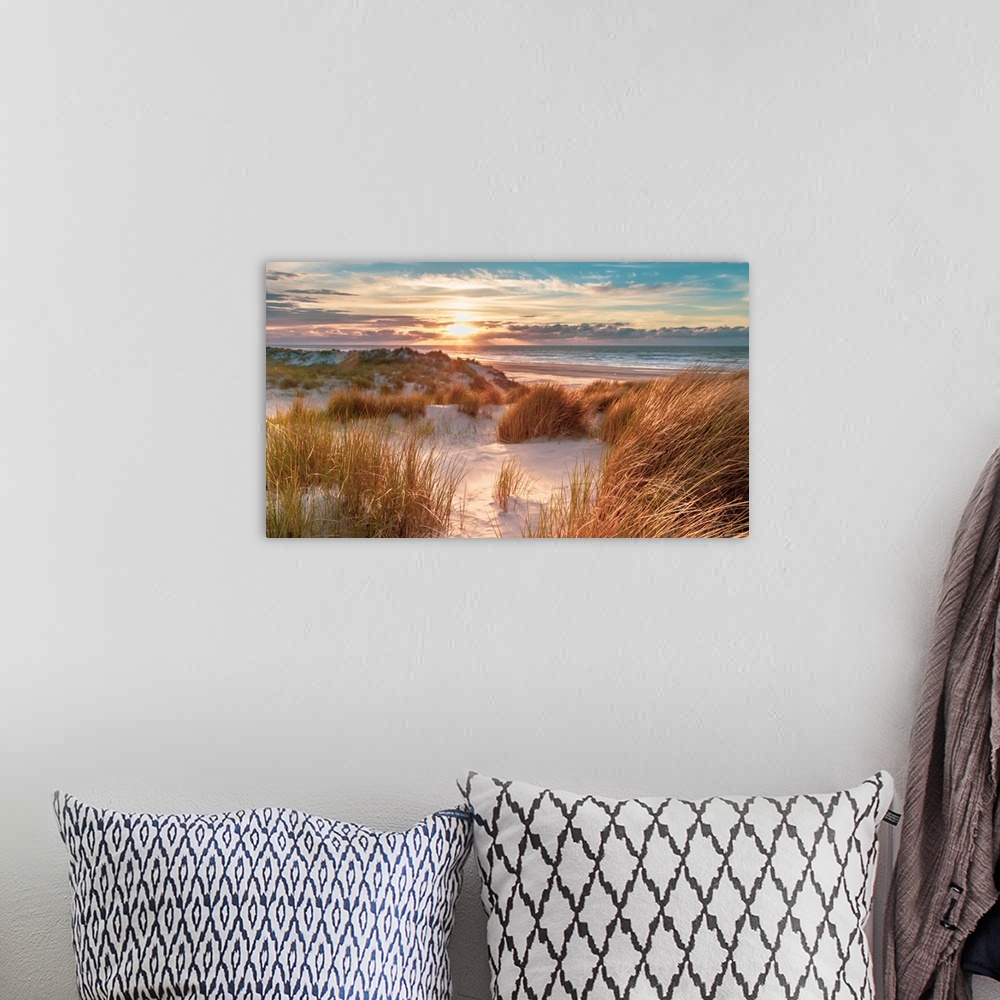 A bohemian room featuring Sunset View from dune top over North Sea from the island of Ameland, Friesland, Netherlands.