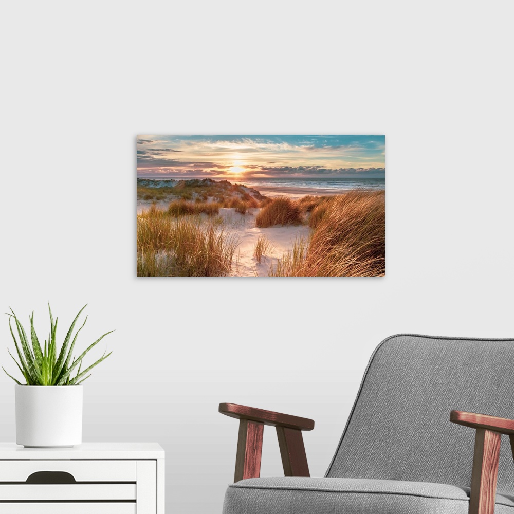 A modern room featuring Sunset View from dune top over North Sea from the island of Ameland, Friesland, Netherlands.