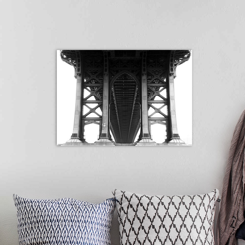 A bohemian room featuring View from underneath Manhattan Bridge. Black and white image.