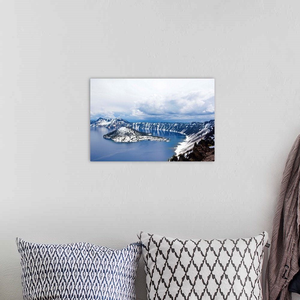 A bohemian room featuring View of a snow covered island in Crater Lake, Oregon.
