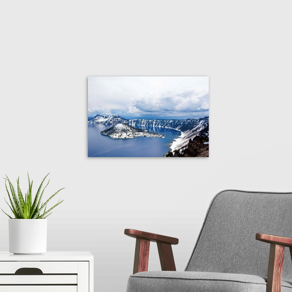 A modern room featuring View of a snow covered island in Crater Lake, Oregon.