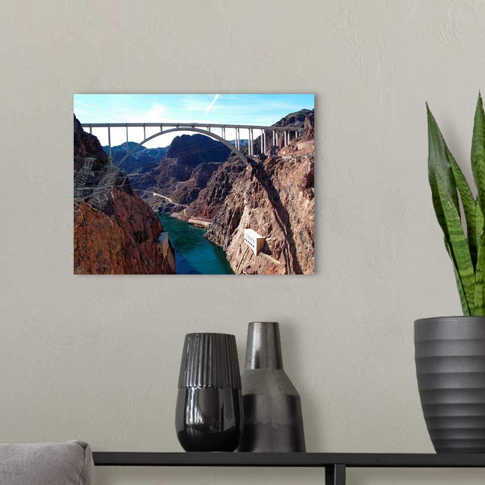 A modern room featuring View of bridge behind Hoover Dam.