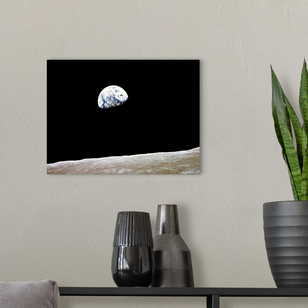 A modern room featuring View of Earth from the moon
