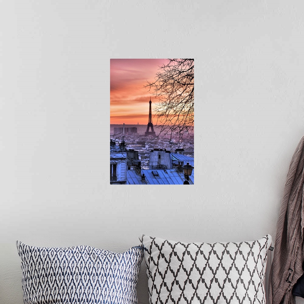 A bohemian room featuring Photograph taken of the Eiffel Tower from a distance with a view of the city surrounding it. The ...