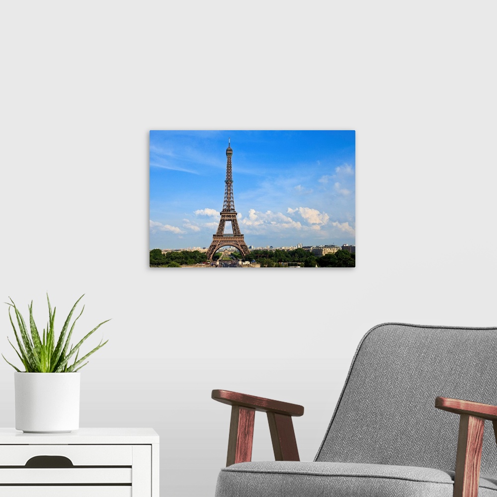 A modern room featuring View of Eiffel Tower in Paris, France.