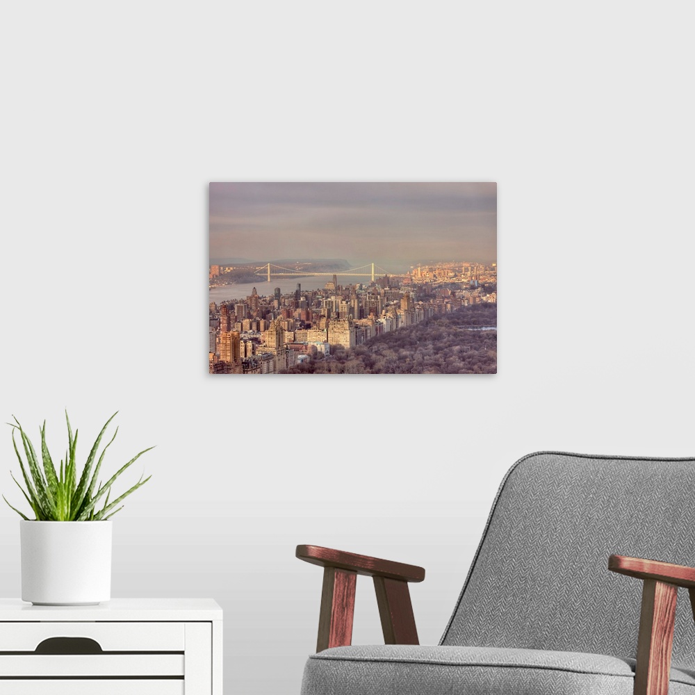A modern room featuring View of George Washington Bridge and Upper Manhattan on winter afternoon.
